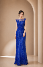 藏藍蕾絲織花肩袖禮服