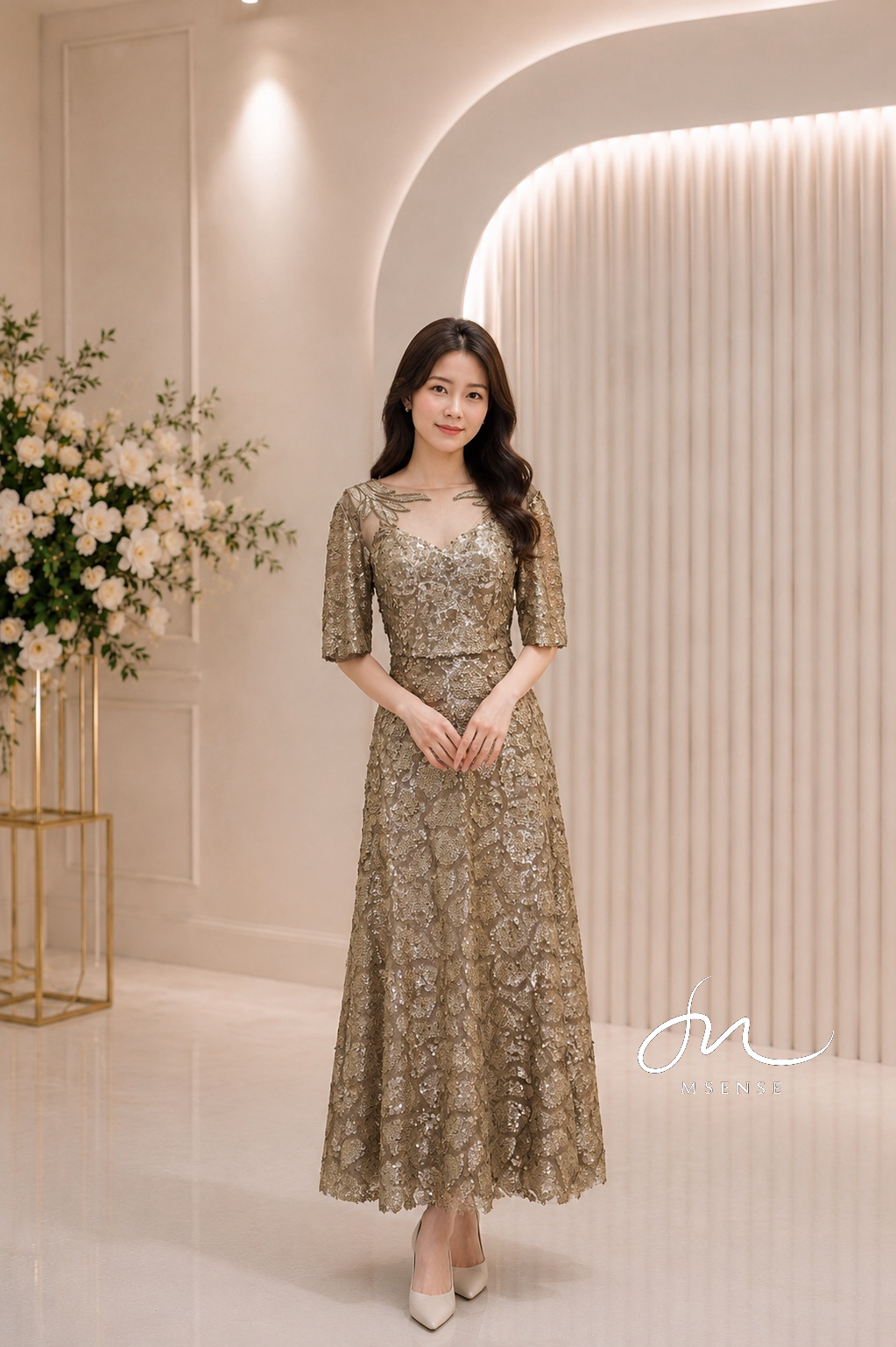 金銅亮片鑽石領禮服 金銅亮片鑽石領禮服