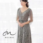 黑光網狀蕾絲水袖收腰禮服