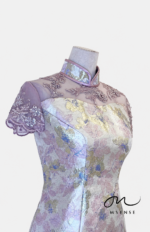 粉白銀光花卉刺繡旗袍禮服