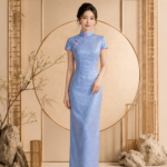 天藍小碎花排釦旗袍禮服