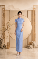天藍小碎花排釦旗袍禮服