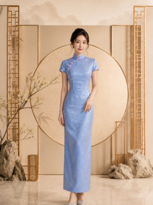 天藍小碎花排釦旗袍禮服