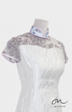 米白波紋薰衣草刺繡短旗袍禮服