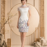 米白波紋薰衣草刺繡短旗袍禮服