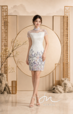 米白波紋薰衣草刺繡短旗袍禮服