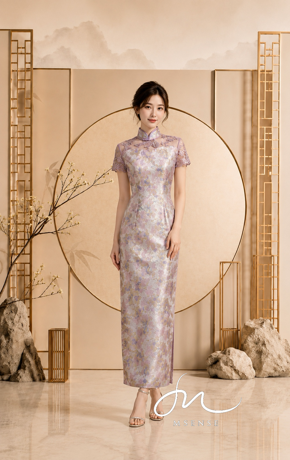 粉白銀光花卉刺繡旗袍禮服 粉白銀光花卉刺繡旗袍禮服