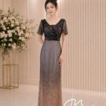 黑金亮片抓皺高腰禮服