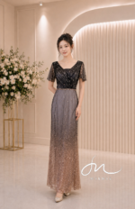 黑金亮片抓皺高腰禮服