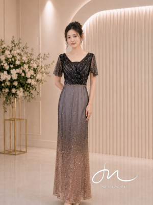 黑金亮片抓皺高腰禮服