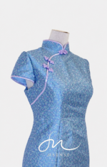 天藍小碎花排釦旗袍禮服