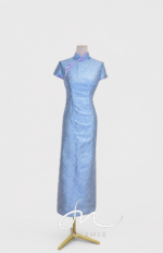 天藍小碎花排釦旗袍禮服