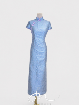 天藍小碎花排釦旗袍禮服