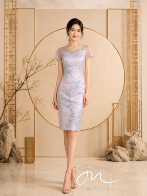 粉白竹葉印花短旗袍禮服