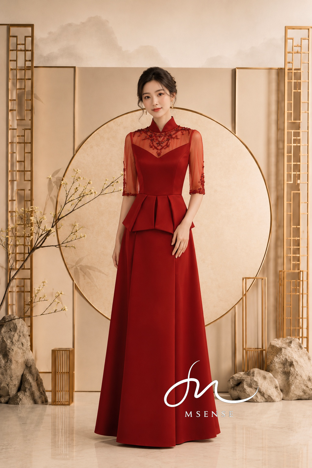 朱紅高領蕾絲袖絲絨兩件式禮服 朱紅高領蕾絲袖絲絨兩件式禮服