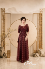 酒紅花瓣蕾絲縫珠A字裙禮服