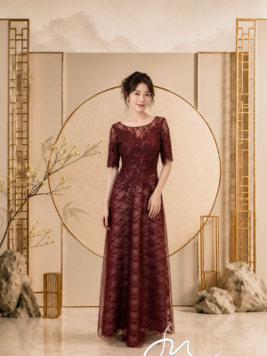 酒紅花瓣蕾絲縫珠A字裙禮服