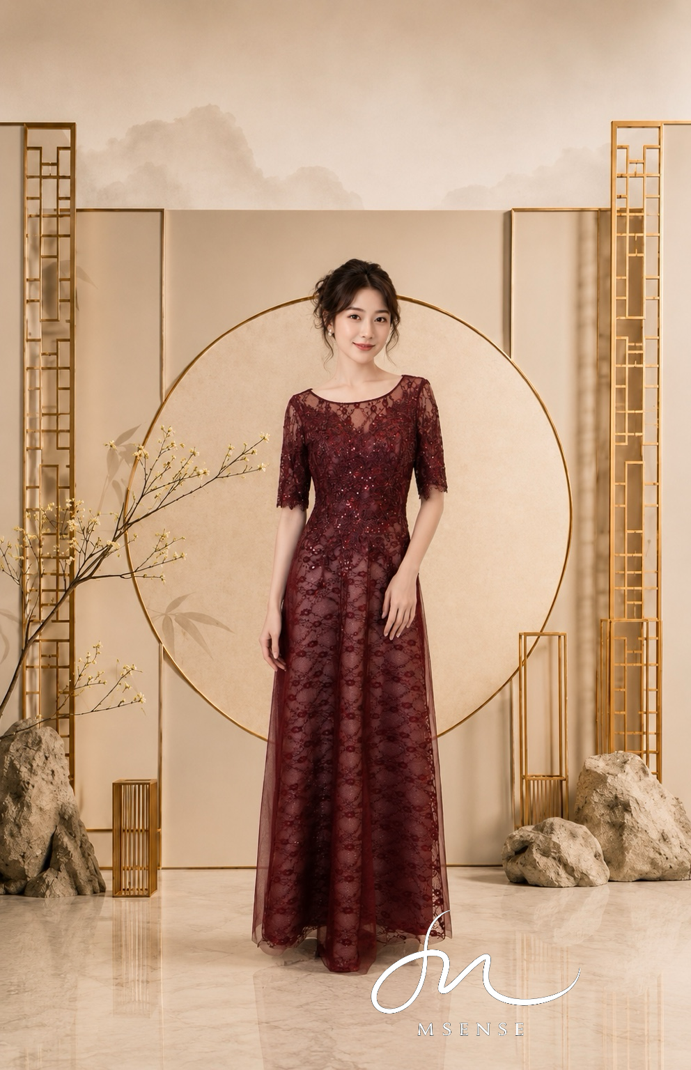 酒紅花瓣蕾絲縫珠A字裙禮服 酒紅花瓣蕾絲縫珠A字裙禮服