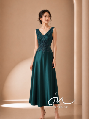 墨綠宮廷刺繡菱格網A字裙禮服