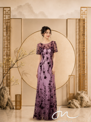 暗紫花葉刺繡蕾絲禮服