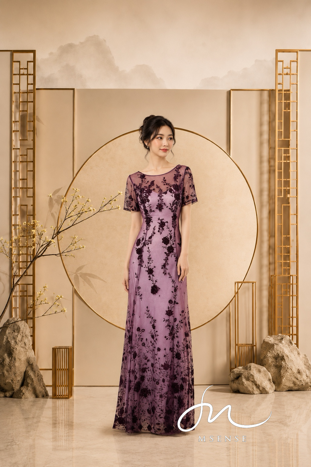 暗紫花葉刺繡蕾絲禮服 暗紫花葉刺繡蕾絲禮服