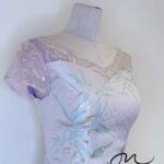 粉白竹葉印花短旗袍禮服