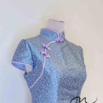 天藍小碎花排釦旗袍禮服