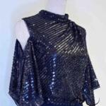 藏藍亮片挖肩斗篷緞面魚尾禮服