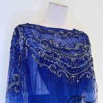 藏藍不規則縫珠斗篷絲絨魚尾禮服