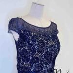 藏藍細珠花紋蕾絲絲絨收腰禮服