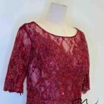 酒紅花瓣蕾絲縫珠A字裙禮服