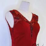 朱紅絲絨珠花V領禮服
