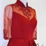 朱紅高領蕾絲袖絲絨兩件式禮服