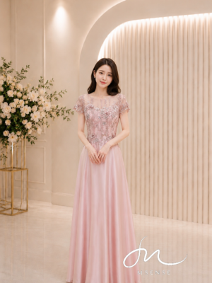 粉膚花瓣流線緞面A字裙禮服