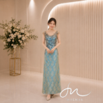 蒂芬妮藍織花包肩袖禮服