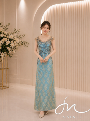 蒂芬妮藍織花包肩袖禮服