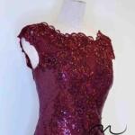 酒紅亮片織花縫珠包袖禮服