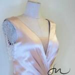 粉橘絲緞抓皺水鑽袖禮服