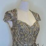 枯黃珠鑽方領蕾絲百褶裙禮服