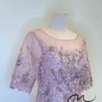 粉紫花瓣刺繡細珠亮沙蕾絲袖禮服