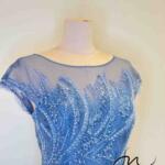 鈷藍羽毛波紋珠工魚尾紗裙禮服