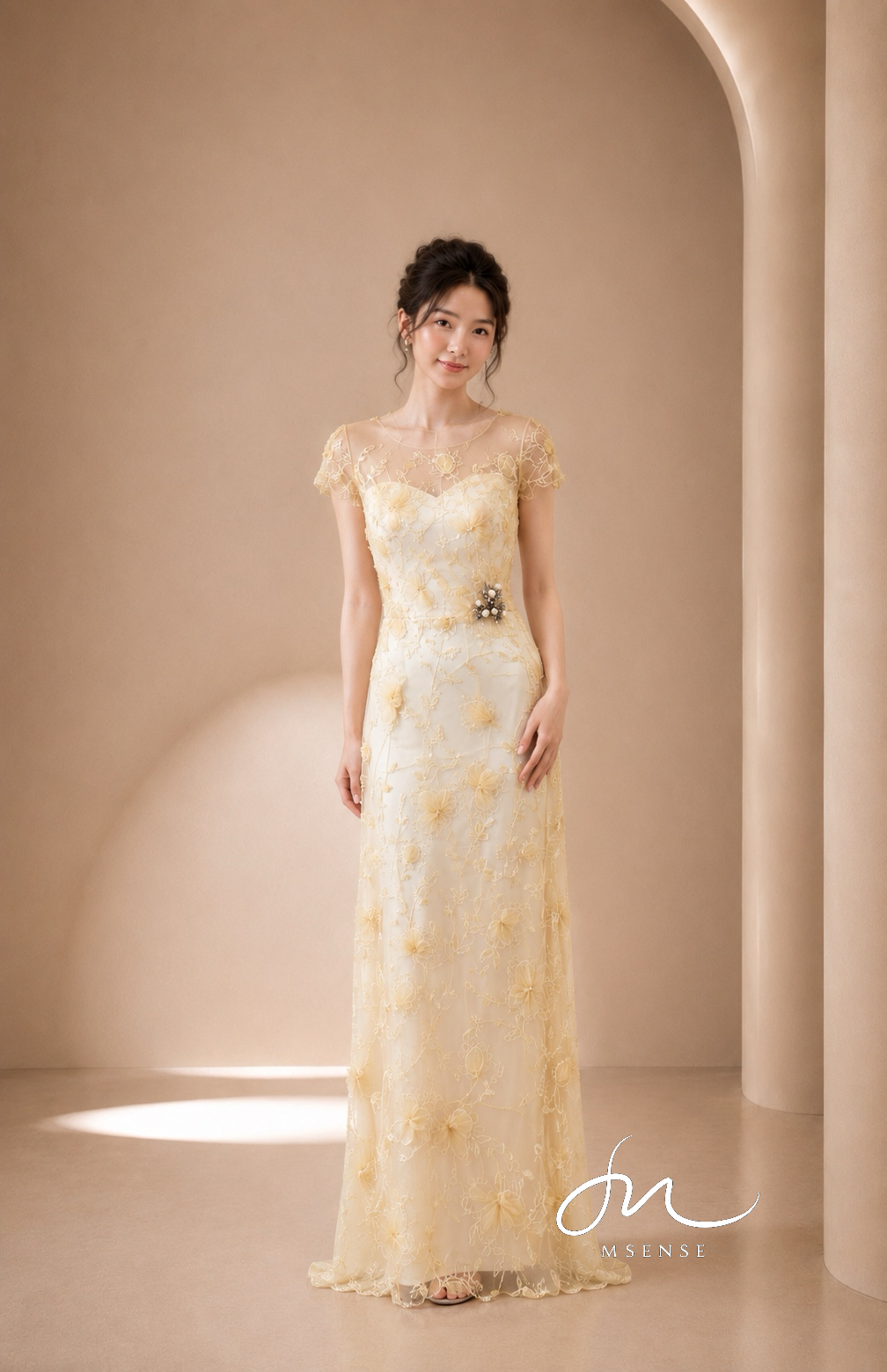 鵝黃蝴蝶花側邊珠鑽禮服 鵝黃蝴蝶花側邊珠鑽禮服